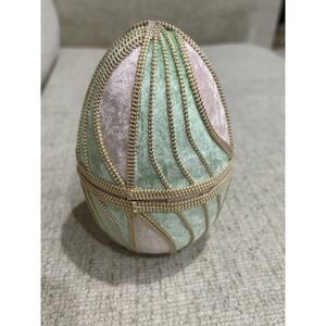 Decorative Fabric Egg Trinket Box Pastel Green Pink Gold Trim Satin Lined